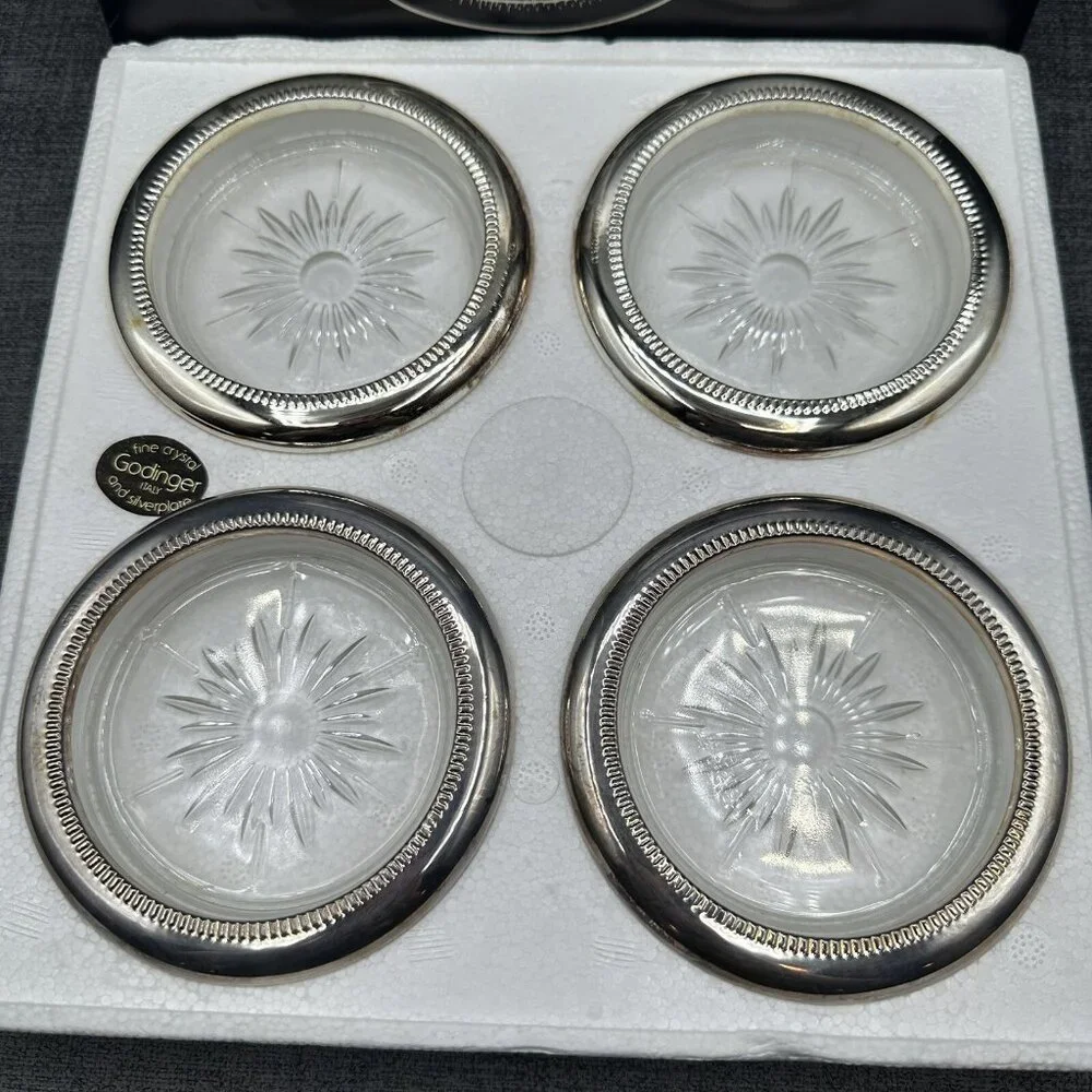 Vtg Godinger Silver Plated Crystal Coasters Starburst Pattern Italy NOS Boxed